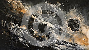 Dynamic asteroid floating through space with bright trails and starry background.