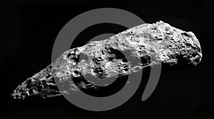 Dynamic asteroid floating through space with bright trails and starry background.