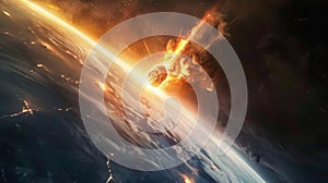 Dynamic asteroid floating through space with bright trails and starry background.