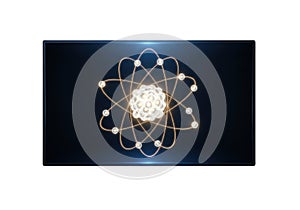 Dynamic atom model glowing with energy, representing science and discovery