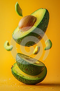 Dynamic Avocado Halves in Motion on Orange