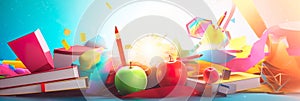dynamic back to school background with a burst of colorful geometric shapes and symbols representing different academic