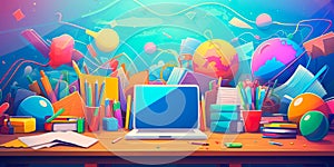 dynamic back to school background with a burst of colorful symbols representing different academic subjects. Generative