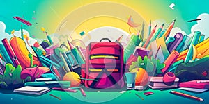 dynamic back to school background with a burst of colorful symbols representing different academic subjects. Generative