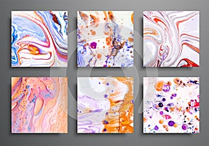 Dynamic backgrounds. trendy placards, commercial covers set. Marble colorful effect. Abstract page poster template for