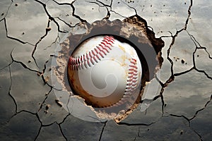 Dynamic baseball imagery Ball piercing through wall with dramatic cracks