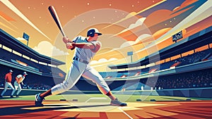 Dynamic Baseball Player Hitting Home Run at Sunset in Stadium