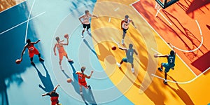 A dynamic basketball court with players in mid-action, showcasing their photo