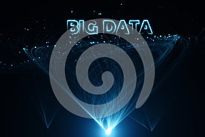 Dynamic big data stream visualization with light nodes on a dark background. Digital network and technology theme.
