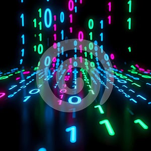 Dynamic Binary Code Stream in Vibrant Neon Hues - Data, Technology & Digital Transformation Concept