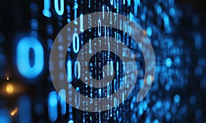 Dynamic binary code visualization with blue streams in motion, representing data flow, programming, and cyber technology