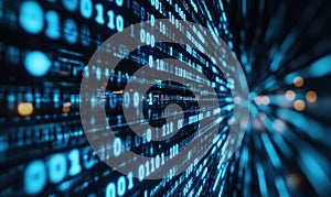 Dynamic binary code visualization with blue streams in motion, representing data flow, programming, and cyber technology
