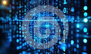Dynamic binary code visualization with blue streams in motion, representing data flow, programming, and cyber technology