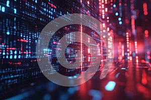 Dynamic binary code visualization with bright red and blue streams in motion, representing data flow, programming, and