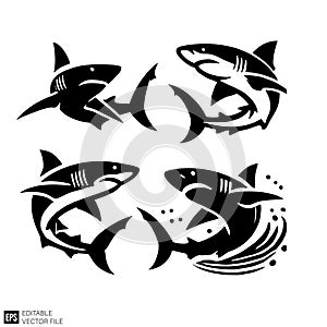 Dynamic Black Shark Silhouettes Vector Set