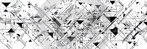 Dynamic Black and White Abstract Design Featuring Geometric Shapes and Lines in a Chaotic Pattern