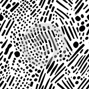 A dynamic black and white doodle pattern of overlapping dots, dashes, and diagonal lines