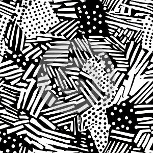 A dynamic black and white doodle pattern of overlapping dots, dashes, and diagonal lines