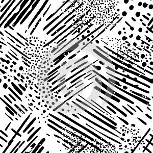A dynamic black and white doodle pattern of overlapping dots, dashes, and diagonal lines