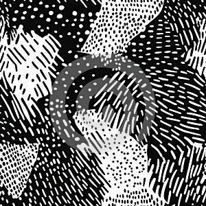 A dynamic black and white doodle pattern of overlapping dots, dashes, and diagonal lines