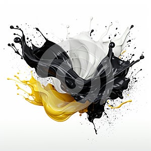 Dynamic blending yellow, black and white liquid splash with flying beautiful drops. Abstract fluid art