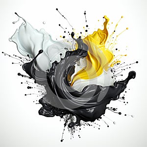 Dynamic blending yellow, black and white liquid splash with flying beautiful drops. Abstract fluid art