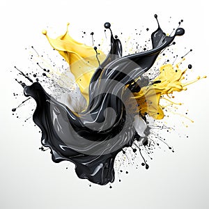 Dynamic blending yellow, black and white liquid splash with flying beautiful drops. Abstract fluid art