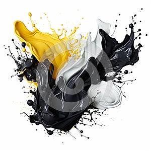 Dynamic blending yellow, black and white liquid splash with flying beautiful drops. Abstract fluid art