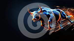 Dynamic blue bull charging symbolizes vigorous market surge with intricate stock features photo