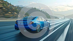 Dynamic Blue Car Speeding Down Highway with Motion Blur and Mountains in Background. Perfect for Advertising and