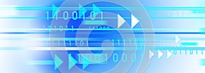 Dynamic blue digital background with binary code and arrow, symbolizing technology and data transfer
