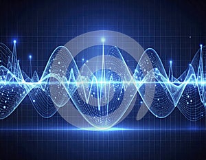 Dynamic blue digital waveform visualizes data flow and sound frequency on a futuristic grid