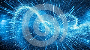 Dynamic blue energy particles exploding outwards in a cosmic nebula effect