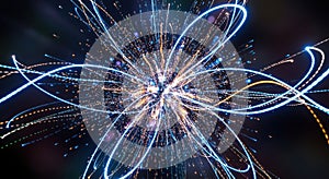 Dynamic blue light streaks explode in abstract starburst pattern white background