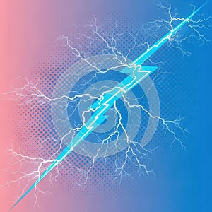 Dynamic blue lightning bolt strikes through gradient background energy power strike