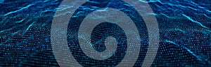 Dynamic blue particle wave. Futuristic point wave. Flow digital structure. Data technology background. 3D rendering