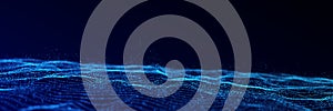 Dynamic blue particle wave. Futuristic point wave. Flow digital structure. Data technology background. 3D rendering