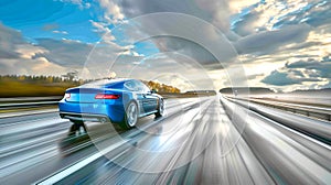 Dynamic Blue Sports Car Speeding on Highway. Modern Vehicle Concept in Motion with Blurred Road. Automotive Photography