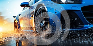 Dynamic Blue Sports Car Speeding on Wet Road Water Droplets on Hood High-Performance Vehicle in Motion Concept of Power and