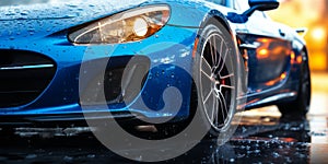 Dynamic Blue Sports Car Speeding on Wet Road Water Droplets on Hood High-Performance Vehicle in Motion Concept of Power and