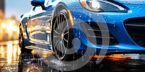 Dynamic Blue Sports Car Speeding on Wet Road Water Droplets on Hood High-Performance Vehicle in Motion Concept of Power and