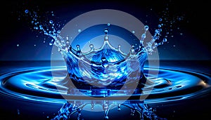 Energetic Blue Water Splash Crown with Ripples and Reflection on Black Background liquid
