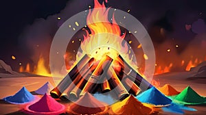 Dynamic Bonfire Illustration: Vibrant Powders Illuminate the Night photo