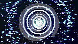 Dynamic bright abstract tunnel with flying shapes, circles, squares, particles and glowing rings