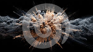 Dynamic brown grey powder explosion on black background