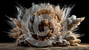 Dynamic brown grey powder explosion burst on dark