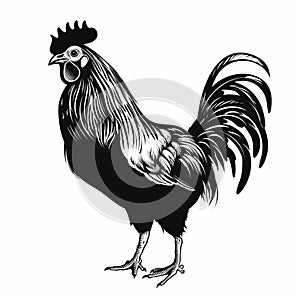 Dynamic Brushwork: Black And White Rooster Vector With Realistic Light And Shadow