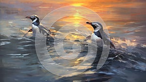Dynamic Brushwork: Realistic Portrayal Of Penguins Swimming At Sunset