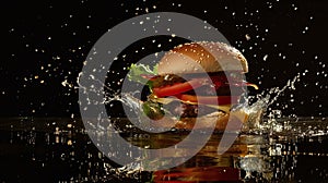 dynamic burger splash isolated on a black background
