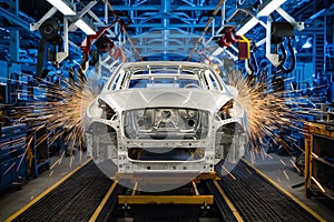 Dynamic car assembly line with welding sparks, machinery, and tools in an industrial factory.